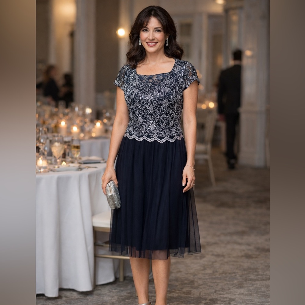 Elegant Navy and Silver Lace Cocktail Evening Dress
